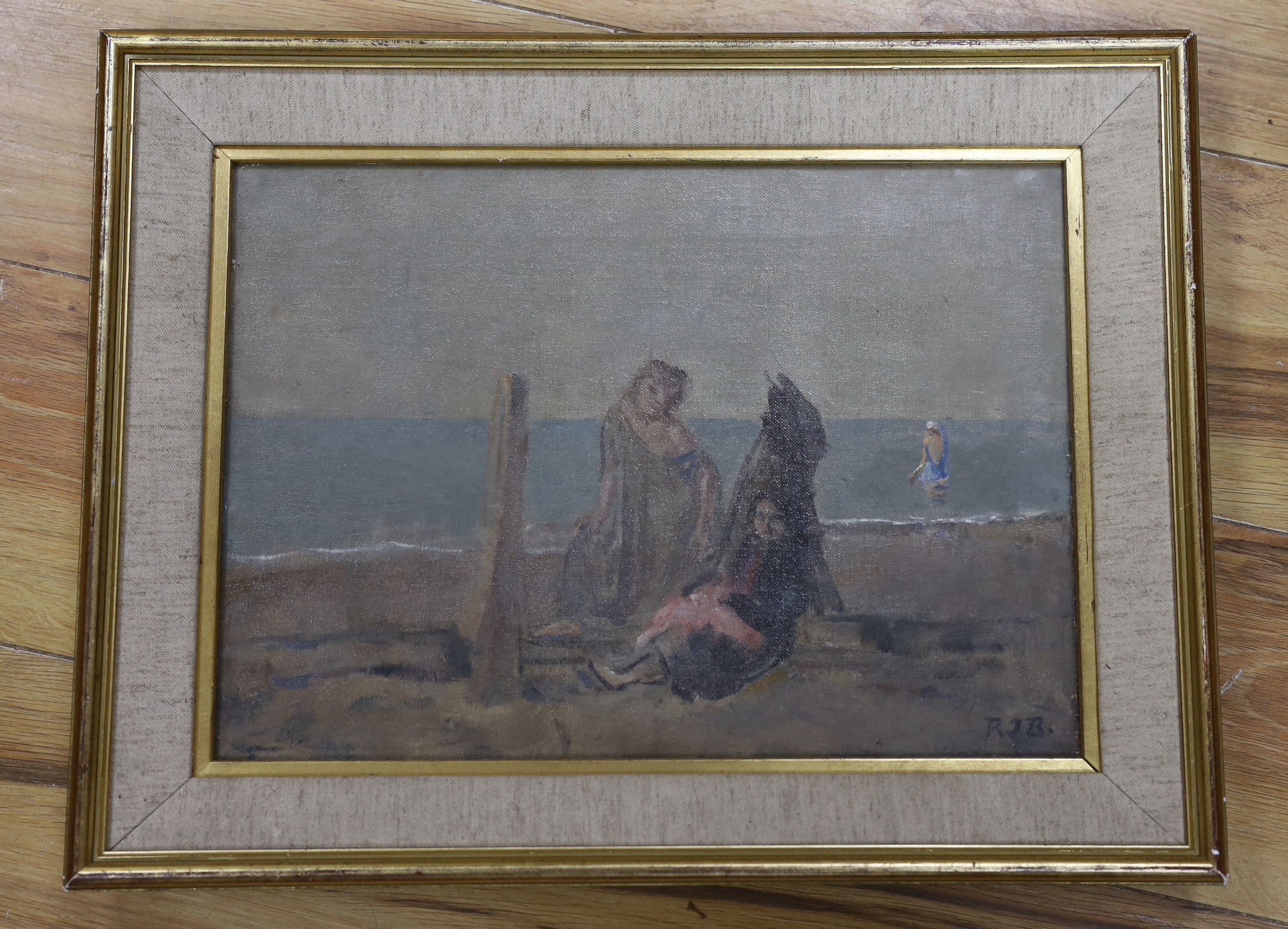 Rodney Joseph Burn (1899-1984), oil on canvas, Figures on Brighton Beach 1922, initialled, 25 x 35cm